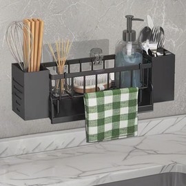 Koolkasa Sink Caddy Sponge Holder - Hanging Kitchen Sink Organiser with Brush Holder, Metal Wall Tidy Caddy with Self-Draining Tray and Dishcloth Hanger - No Drilling