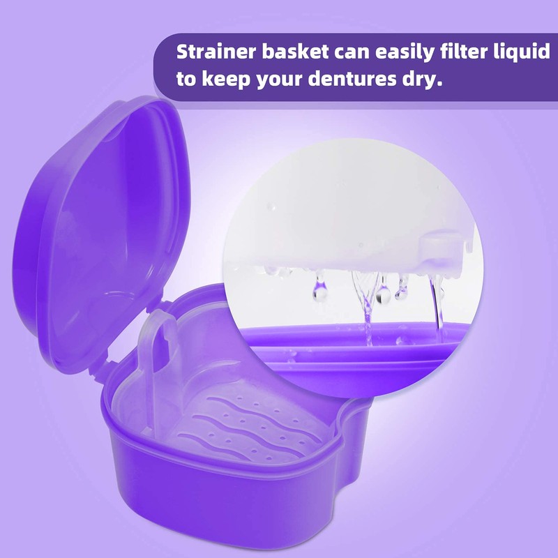 Denture Soaking Cup Dental Retainer Case Cleaning with Strainer Basket,