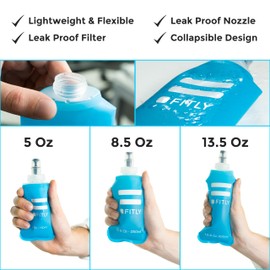 FITLY Soft Flask 3 Pack - 5 oz (150 ml), 8.5oz (250ml), & 13.5oz (400ml) - Shrink As You Drink Soft Water Bottle for Hydration Pack - Folding Water Bottle For Running & Hiking - Running Water Bottle