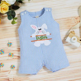 Baby Girl Boy Easter Outfits Infant Bunny Pattern Romper T-Shirt Blue Stripes Pants Toddler Family Matching Clothes