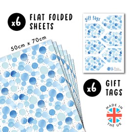CENTRAL 23 White Wrapping Paper - Blue Watercolor Spots - 6 Sheets Of Gift Wrap - For Men Women - For Birthday Baby Shower Baptism - Recyclable