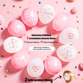 WenmthG Pack of 30 Balloons 50th Birthday Decoration - 50th Birthday Women - 5 Different German Text Motifs, 6 Pieces Each - Diameter 27 cm - Pink White