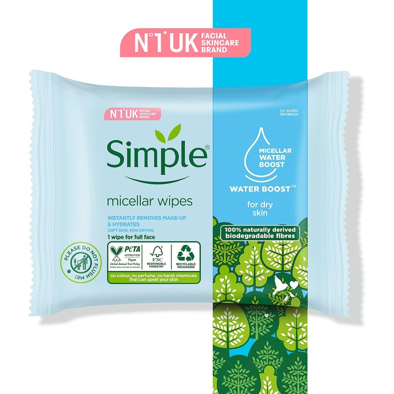 SIMPLE, Toallitas Micelares Biodegradables, 20 piezas