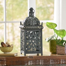 Roomfitters 15.5" Decorative Lantern, Moroccan-Inspired Metal Design with Intricate Floral Cutouts, Elegant Candle Holder for Indoor and Outdoor Use, Black