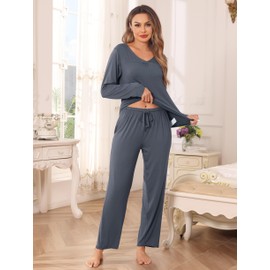 Vlazom Pyjamas Set for Women V-Neck Pj's Sets Soft Two Piece Pyjamas Long Sleeve Top and Pants Sleepwear Loungewear with Pockets Drawstring Dark Grey,L