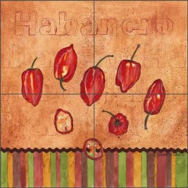 Artwork on Tile Habanero Pepper Tile Backsplash Sara Mullen Kitchen Art Ceramic Mural SM118 - 18" x 18" on 6" tiles
