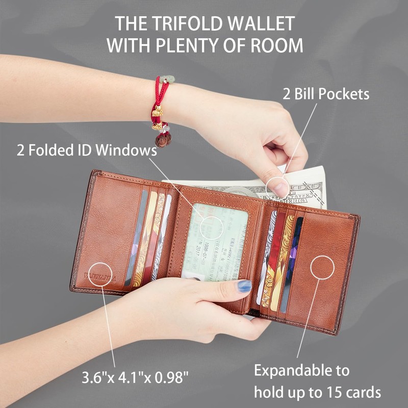 VANNANBA Men's Leather Trifold Wallet with Folded ID Windows,12 Card