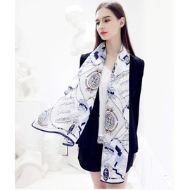 ANDANTINO 100% Mulberry Silk Long Scarf for Women Large Shawls for Headscarf and Neck- Oblong Hair Wraps with Gift Packed, White&blue-sailing, Large