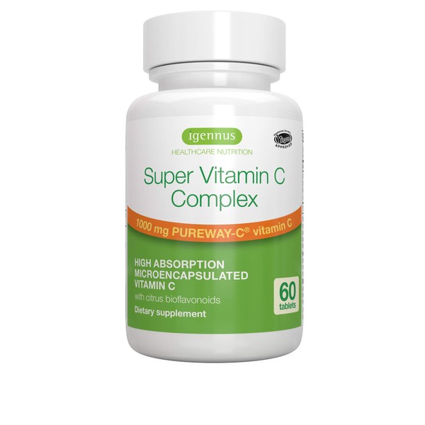 Super Vitamin C Complex, Vegan, 1000mg High Absorption Pureway-C Vitamin C with Bioflavonoids, 60 Servings, 2 Month Supply, 24-Hour Action, Immune Health, Energy, Heart & Brain, by Igennus