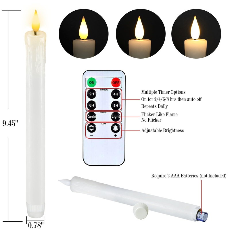 Homemory 12 Pcs Real Wax Flameless Taper Candles with Remote