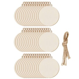 DRERIO 100 Pcs Round Wooden Baubles Christmas Hanging Embellishments Wood Slice Natural Christmas Ornaments Baubles Blank Wooden Embellishments with String for Xmas Tree Decoration DIY Crafts