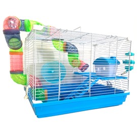 2 Levels Habitat Hamster Home Rodent Gerbil Mouse Mice Rat Wire Cage with Complete Set of Accessories (18" L x 12" W x 15" H, Blue)