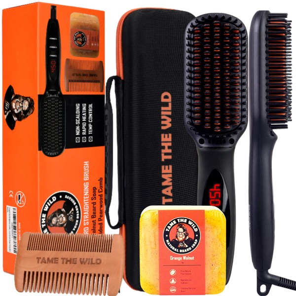 Tame The Wild Pro Beard Straightener for Men Kit - Beard Grooming Kit - Includes Portable Heated Beard Brush, Beard Soap, Pearwood Comb, & Storage Case