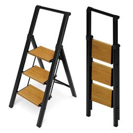 HillhutApex 3 Step Foldable Aluminum Step Ladder with Handgrip, Anti-Slip Wide Pedal, 330 lbs Capacity, Lightweight & Portable for Home, Kitchen, Office (Black & Woodgrain)
