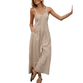 CUPSHE Women's Jumpsuit Striped Sleeveless Jumpsuit Smocked Cutout Romper Wide Leg Long Playsuit Summer Loose Trouser Suit, striped red, XS