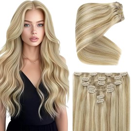 Ve Sunny 24 inch Hair Extensions Clip in Human Hair Dark Blonde Highlights Golden Blonde Hair Extensions Real Human Hair Long Clip in Hair Extensions 7pcs 120g