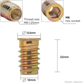 YoiYee Wood Furniture M8 x 22 mm Threaded Insert Nuts Interface Hex Socket Drive Zinc Yellow Passivated - 20 Pack
