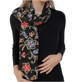NELUHA Scarf made of lightweight cotton embroidered with floral pattern, black, for women, shoulder scarf, neckerchief, 166 cm x 85 cm, stole, black