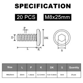 Wavanta M8 Bolts, M8 x 25mm Flat Head Hex Socket Cap Screws Bolts, Full Thread A2 304 Stainless Steel Screws with Hex Key, Ideal for Furniture Assembly/Machinery Repair Pack of 20