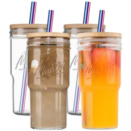 22 oz Glass Cups with Lids and Straws - 4 Pack Glass Tumbler Cups Wide Mouth Mason Jar Drinking with Bamboo Lid and Straw, Reusable Glass Tea Cup for Smoothie, Iced Coffee, Water, Juice, Milk