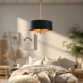 Fminlla Black Drum Chandelier Gold Drum Shade Chandelier 4-Light Modern Linen 17.75“Chandeliers Light Fixture for Dining Room, Bedroom, Kitchen Island, Living Room, E12,Rod Adjustable