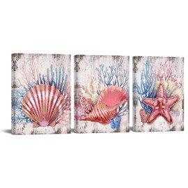 Nachic Wall 3 Piece Pink Canvas Wall Art Seashell Starfish Painting Pictures Decor Modern Bedroom Bathroom Decoration