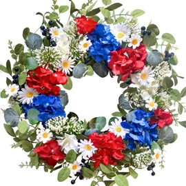 22 Inch Patriotic Red White Blue Flowers Wreath for Front Door, Forth of July Hydrangea Daisy Flower Wreath for Indoor and Outdoor, Memorial Day Independence Day