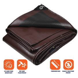Tarpco Safety Extra Heavy Duty 14 Mil Tarp Cover, Waterproof, UV Resistant, Rip and Tear Proof, Poly Tarpaulin with Reinforced Edges for Roof, Camping, Patio, Pool , Boat (Brown/Black 6′ X 8′)