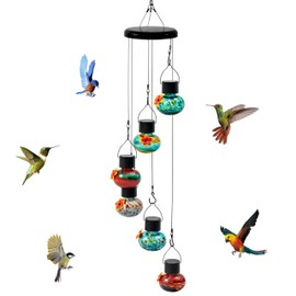 HlaitsWit Solar Power Hummingbird Feeders - Colorful Hand Blown Glass Wild Bird Feeders Light Up at Night for Garden Patio Outdoor Hanging Decor 6 Feeding Ports Feeders Gardening Gift for Bird Lover