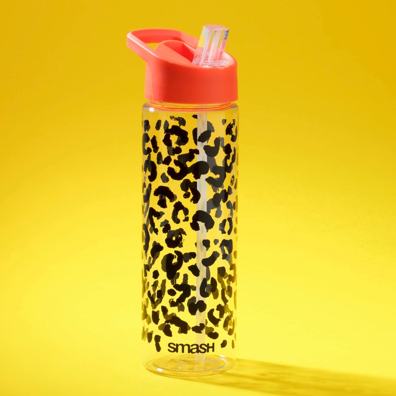 Smash Sipper Water Bottle with Straw 700m Black/Coral Leapard Print