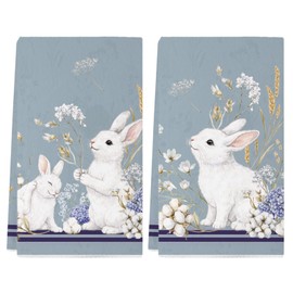 Siilues Easter Kitchen Towels, Blue Floral Bunny Happy Easter Dish Towels 18x26 Inch Kitchen Hand Towels Seasonal Spring Holiday Decorations Home Party Decor Drying Dishcloth Set of 2