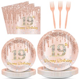 96 Pcs Rose Gold 19th Birthday Party Decorations for Girls Happy 19 Years Birthday Paper Plates and Napkins Pink Rose Gold Party Tableware Set for 24 Guests Parties Supplies