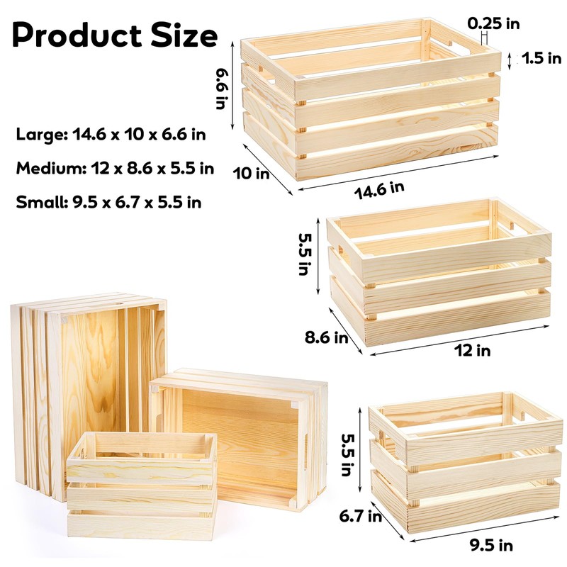 Youeon Set of 3 Rustic Wooden Nesting Crates with Handles,