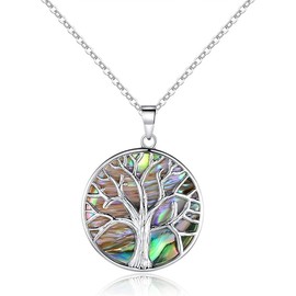 Barzel 18K White Gold Plated Created Abalone Shell Tree Of Life Necklace, 18 Inches with 2 Inches Extension - Made in Brazil