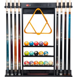 Billmart Pool Stick Holder Wall Mount, 8 Cues Solid Wood Billiard Pool Cue Rack, Pool Table Accessories (Black)