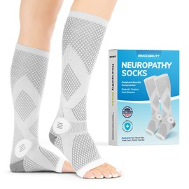BraceAbility Knee High Neuropathy Socks (Tall Pair) - Open Toe Calf Compression Stockings for Varicose Veins, Shin Splints, Running, Circulation Support for Men and Women (S - Gray)