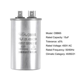 sourcing map Run Capacitor Round CBB65 15uF 15mfd 450V AC 40/85/21 Aluminum Case with Terminal for Air Conditioner Compressor Motor Heat Pump Condenser