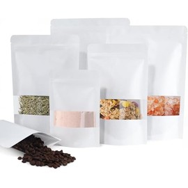 Bolsa Stand Up Pouch Kraft con Ventana De Pie Zipper Cremallera para Comida Termosellable (50, Blanca 18x26cm)