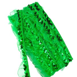 12 Yards 25-30 mm Vintage Glitter Sequins Organza Ruffle Borders Lace Ribbon Sequin Ribbon Lace Trim Decorative Ribbon Sequin Ribbons Pleated Borders for DIY Sewing Wedding Costumes Decoration, Green
