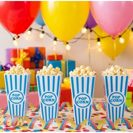 YOVECATHOU 5Pcs Plastic Red Blue White Striped Classic Popcorn Containers Bucket Boxes Square For Snack Carnival Party Movie Night Theater Halloween (Blue)