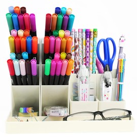 OFFCUP Pen Holder Desk Organiser, Pack of 5 Pen Holder Desk with Drawer, Multifunctional Office Organiser, Art Supplies Organiser for Pens, Office, Home, School (Milky White)