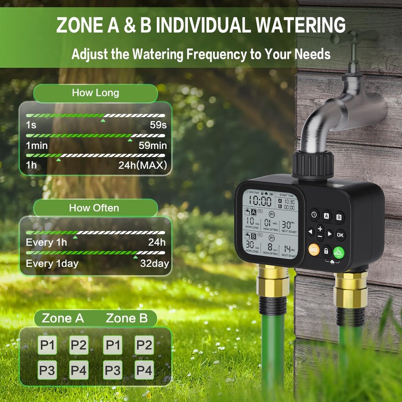 2-Zone Programmable Garden Hose Timer - Brass Connections, Rain Delay, Manual/Auto Modes, IP54 Waterproof