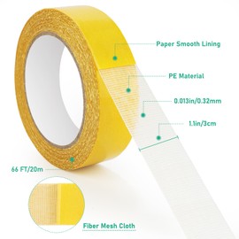 Double Sided Fabric Tape Heavy Duty, 1In x 66FT Strong Sticky Clear Tape for Clothes, Double Stick Carpet Tape, Strong Wall Adhesive with Fiberglass Mesh, High Stickness Heavy Duty 2 Sided Tape（1Roll）