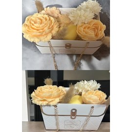 Generic Decorative Flower Candle Gift Box Set, Scented Wax Roses with Gold Chain Handle, White Basket