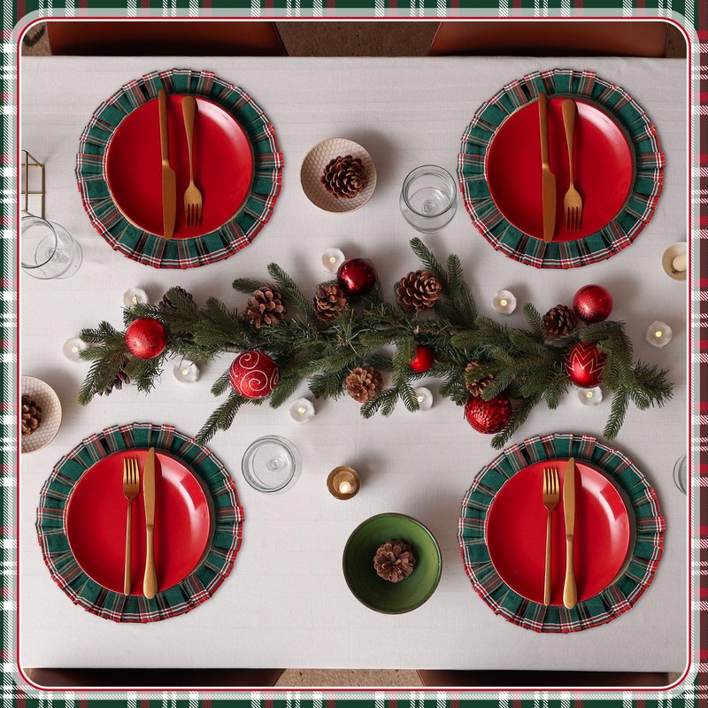 6 Set Round Christmas Plaid Placemats, Red Green