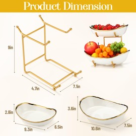 Honeydak 2 Tier Ceramic Fruit Bowl for Kitchen Counter Tiered Fruit Basket Ceramic Bowls with Metal Stand for Kitchen Modern Multi Layer Fruit Display Stand for Vegetable Storage Cute & Smal