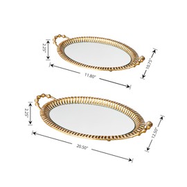 Glitzhome Set of 2 Oversized Vintage Gold Mirror Decorative Trays with Handles, Oval Metal Vanity Jewelry Tray Perfume Dresser Tray, Elegant Jewelry Organizer Makeup Trays