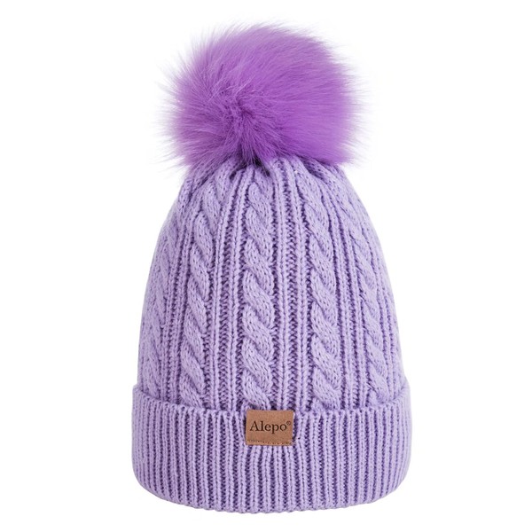Kids Winter Beanie Hat, Children's Warm Fleece Lined Knit Thick Ski Cap with Pom Pom for Boys Girls (Purple)