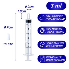 3ml Syringe for Liquid, Oral, Scientific Labs, Measurement, Dispensing, with Cap- 3 Pack 3ml Syringes