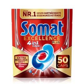 Somat Excellence Plus 4-in-1 Caps (50 Caps), Dishwasher Tablets in 100% Water-Soluble Case, Somat Caps with Extra Cleaning Power* and Soaking Effect, Recyclable